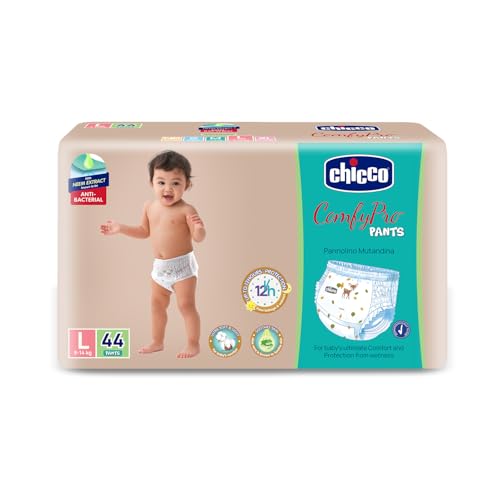 Image of Chicco Comfy-Pro Pant Style Baby Diapers | Anti-bacterial benefits | Ultra Soft & 12hrs protection | Wetness indicator & Disposing Tapes - Large, 44 Count, 9-14 Kg
