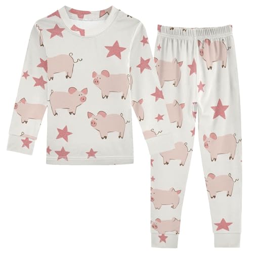 Fustylead Hand Draw Stars and Cute Piggy Cotton Pajamas, Snug Fit Long Sleeve Soft Sleepwear Pjs