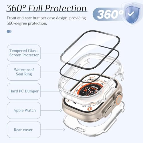 Image of VEMIGON Waterproof Case for Apple Watch Ultra 3 / Ultra 2 / Ultra with Tempered Glass Screen Protector 49mm, Full Coverage Hard PC Bumper Back Frame, Protective Cover for iWatch Ultra- (49mm Clear)