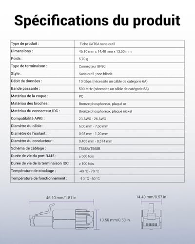 VCELINK Connecteur RJ45 sans Outil Cat6A, Fiche RJ45 UTP, Noir, 4 Pièces – vue 8