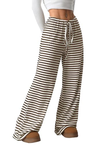 Akiooue Damenhose mit weitem Bein, leger, gestreift, elastischer Bund, Stretch-Palazzo-Hose mit Kordelzug, 2025, braun / weiß, XL Akiooue Damenhose mit weitem Bein, leger, gestreift, elastischer Bund, Stretch-Palazzo-Hose mit Kordelzug, 2025, braun / weiß, XL