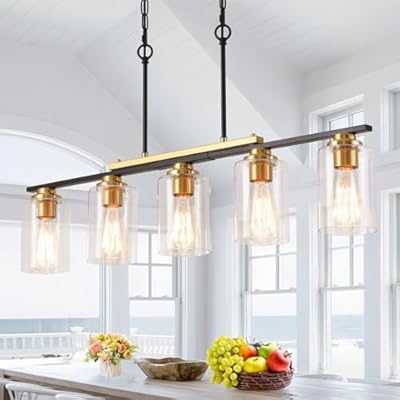 34" Dining Room Light Fixture/Chandelier Over Table, 5-Light Black and Gold Kitchen Island Lighting with Clear Glass Shade, Modern Hanging Pendant Lights Fixture for Kitchen Island Dining Room