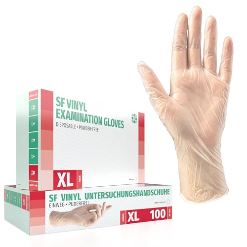 SF Guantes de vinilo desechables XL transparentes – 100 unidades, sin polvo y sin látex, guantes desechables para limpieza, cocina y uso médico