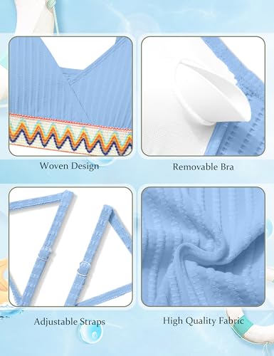 Image of DONWEN Girls Swimsuits V Neck Bikini Set Textured High Waist Girl Two Piece Bathing Suit