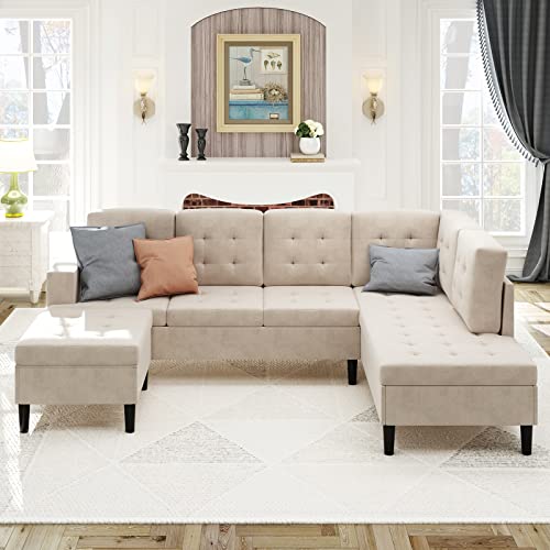 Mjkone Modern Upholstered Tufted L-Shape Sofa,Oversized Sectional Sleeper Sofa Couch With Movable Ottoman For Living Room/Loft/Apartment (Beige) #TOP1