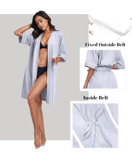 Image of ANLIQI Womens 100% Cotton Robes Lightweight Summer Short Sleeve Lady Bathrobe Knee Length Kimono Robe Sleepwear with Pockets