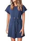EVALESS Womens Spring Summer Casual Round Neck Ruffle Short Sleeve Drawstring Elastic Waist Flowy Swing Mini Dresses 2025 Fashion A Line T-Shirt Dress,Blue Small
