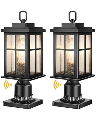 VIANIS 2 Pack Outdoor Post Lights Dusk to Dawn, Modern Black Lamp Posts Outdoor Lighting with Pier Mount Base, Anti-Rust 100% Aluminum Waterproof Exterior Post Lantern with Tempered Glass for Pathway