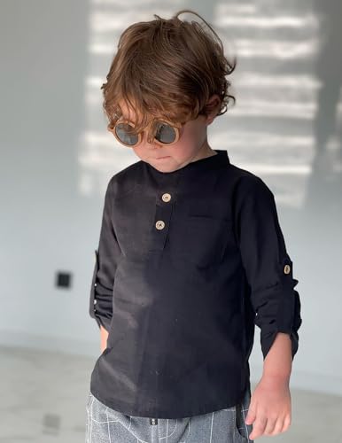 Image of Arshiner Boys Cotton Linen Henley Shirt Button Down Shirt Long Sleeve T Shirt Beach Shirt Tee Casual Solid Tops