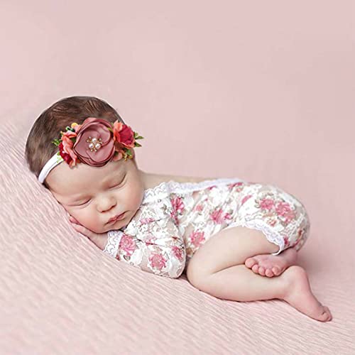 Image of OOSAKU Newborn Photography Props Baby Girl Flower Nylon Headband Set and Lace Romper Baby Girl Photoshoot Outfits Photo Prop for Infants