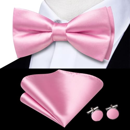 Image of Hi-Tie 5Pcs Mens Solid Color Silk Tie Satin Pretied Bowtie Lapel Pin for Men Handkerchief Cufflink Wedding Gift Box
