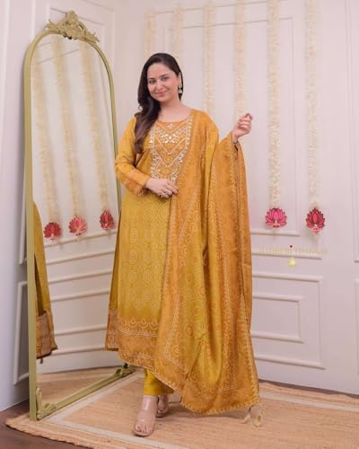 Image of Women's Silk Embroidered Straight Kurti With Pant and Dupatta set