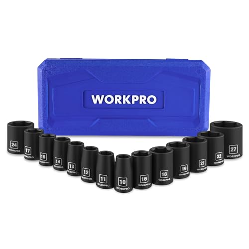 WORKPRO 1/2 Drive Shallow Impact Socket Set Metric Cr-V Steel 6-Point Socket Set with Storage Case for Automotive Maintenance and Repairs (14PCS 10-27mm)