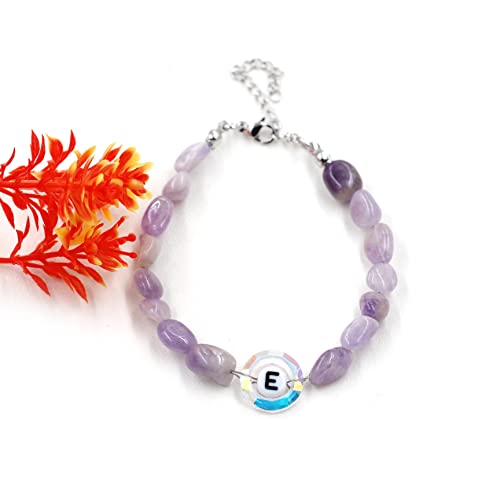 Image of Uloveido Purple Natural Stone and Austrian Crystal Letter Bracelet, Personalized Initial Jewelry for Women A-Z 26 Letters