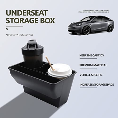 Rear Center Console Organizer Fit For Tesla Model Y 2020 2021 2022 2023 Under-Seat Consoles Storage Box Rear Middle Bin And Cup Holder Flocking Backseat Storage Box #TOP2