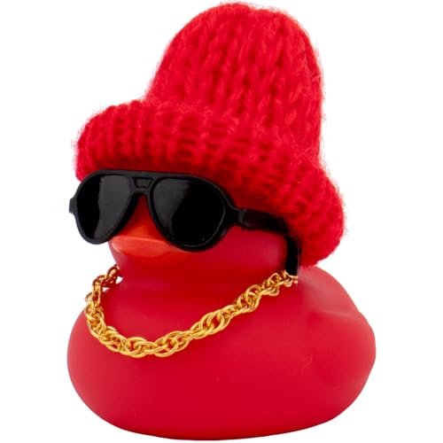 wonuu Car Dashboard Colorful Rubber Ducks, Christmas Eve Decorations Rubber Ducky for Car Ornament Cute Duck with Knit Hat, Glasses, Necklace (Red)