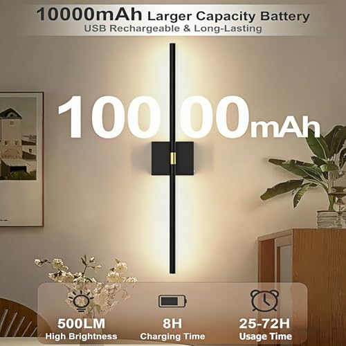 Image of iThird Battery Operated Wall Sconces Set of 2: 10000mAh Rechargeable Wireless Wall Lights, 360 Rotatable Magnetic Wall Lamp, 4CCT Dimmable LED Wall Lighting for Bedroom Living Room Hallway, 31.7in
