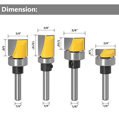 Yakamoz 4Pcs 1/4 Inch Shank Hinge Mortising Flush Trim Template Router Bit Set With Ball Bearing Carbide Tipped Router Bits Wood Milling Cutter Tool #TOP2