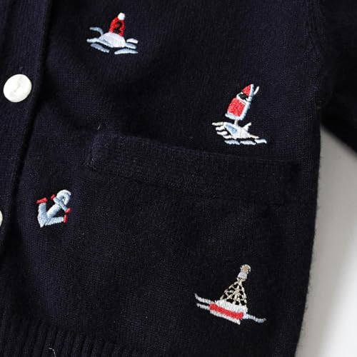 Kids Knit Cardigan with Sailboat Embroidery Stylish Long Sleeve Sweater for Boys and Girls 2-4 Years 120cm Blue2