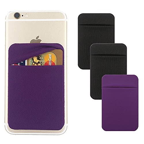 3Pack Cell Phone Card Holder Pocket for Back of Phone,Stretchy Stick on Wallet Credit Card ID Case Pouch Sleeve Self Adhesive Sticker with Flap for iPhone Samsung Galaxy-2Black+1Purple