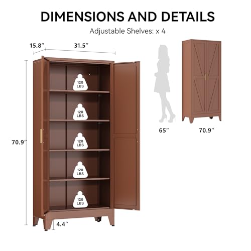 Image of COFaR 71 inch Metal Pantry Cabinet in Brown, 5-Tier Storage with Adjustable Shelves, Metal-Tone Cupboard for Kitchen, Office & Living Room Organization