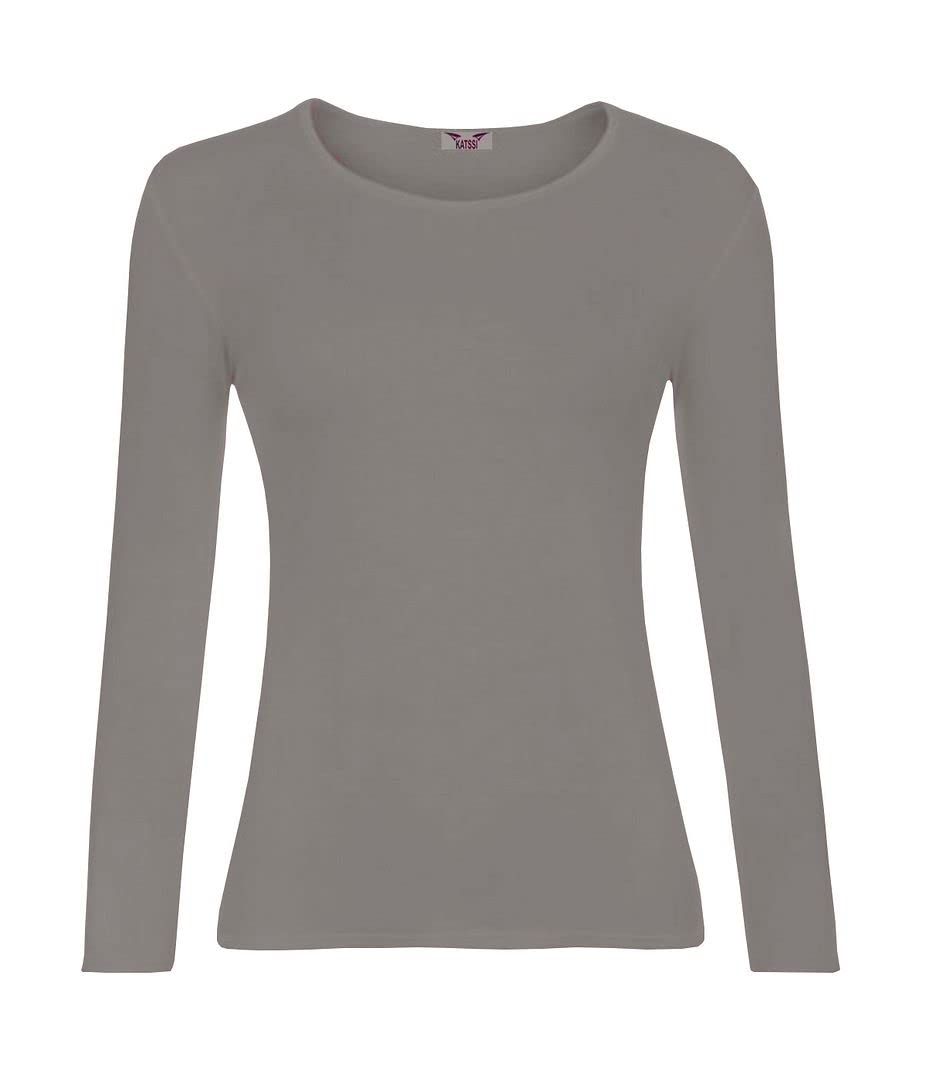 KATSSI Women’s Ladies Long Sleeve Stretch Plain Round Scoop Neck T Shirt Top SM Mocha