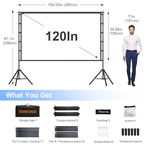 Image of Outdoor Projector Screen with Stand, TOWOND 120 inch Portable Movie Screen, 16:9 HD Foldable Anti-Crease Projection Screen with Carry Bag for Sports Viewing Parties Support Double Sided