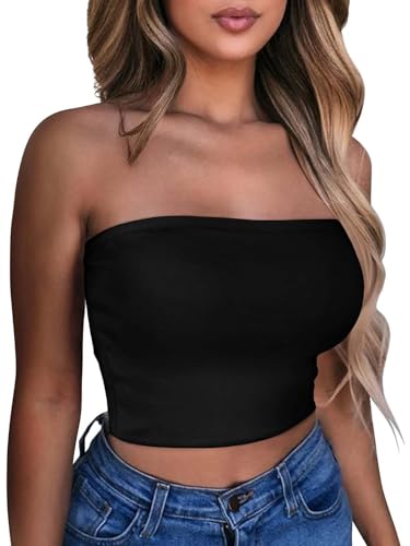 Summer Tube Tops Basic Crop Tops for Women Strapless Bandeau Shirt,Black,XS