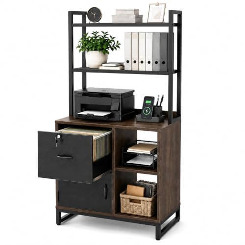 Homieasy Vertical Filing Cabinet with Bookshelf for Home Office, Walnut