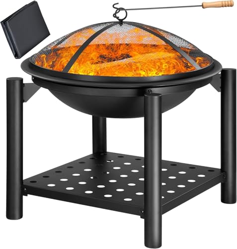 Gardebruk® 55cm Garden Fire Pit with BBQ Grill Grate, Spark Guard, Poker & Waterproof Cover, Black Outdoor Firepit Bowl for Patio, Wood & Charcoal Burner with Log Storage Shelf, Heater for Camping