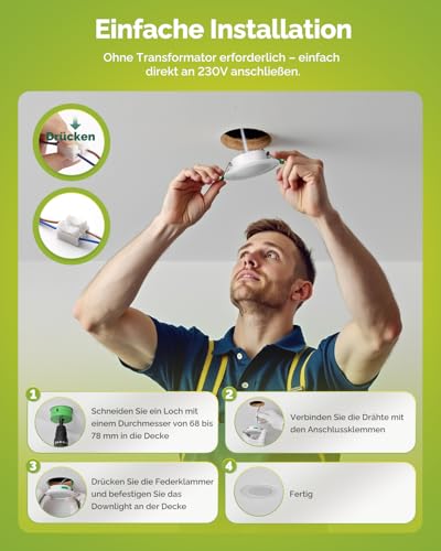 Fondiiz 20er Set LED Einbaustrahler 230V Dimmbar, LED Spots 68mm Lochmaß, 5W Deckenspots Flach Warmweiß 2700K Neutralweiß 4000K Kaltweiß 6000K, IP44 Spots Deckenleuchte für Badezimmer Küche, Weiß