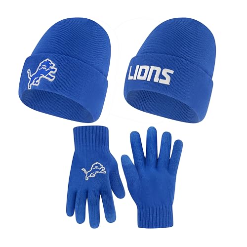 Ultra Game Adults NFL Official Super Soft Winter Beanie Knit Hat with Extra Warm Touch Screen Gloves, Detroit Lions, Team Color, One Size