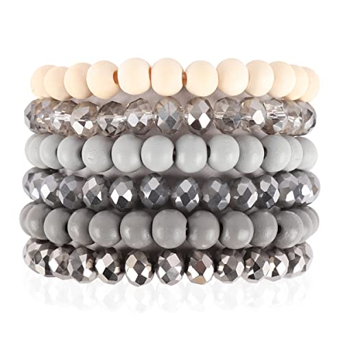 RIAH FASHION Bohemian Multi-Layer Beaded Stacking Statement Bracelets - Versatile Stretch Strand Wood Beads Wrap Slip-on Cuff Bangle Set