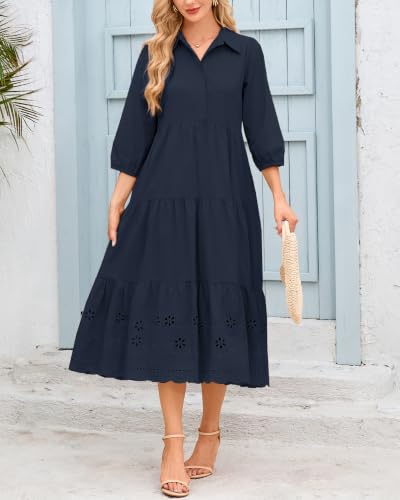 Image of Women Button Down Maxi Shirt Dress Long Sleeve Flowy Tiered Collared Dresses with Pockets