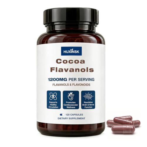 HUXINSK Cocoa Flavanols 1200mg Supplement – High Potency Cocoa Flavanols Complex with Epicatechin & Rutin for Heart Health, Blood Flow & Energy – Nitric Oxide Support, Vegan,120 Capsules