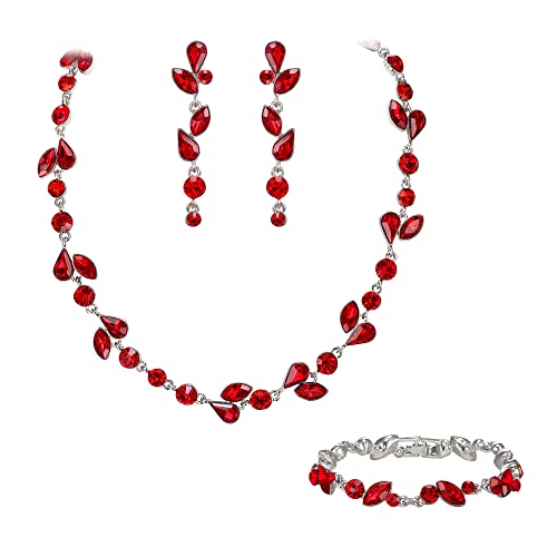 EVER FAITH Kristall Schmuck-Sets elegante Marquise- und Runde- Schliff Strass Blatt Halsketten, Ohrringe und Armband-Set für Damen Rot Silber-Tone