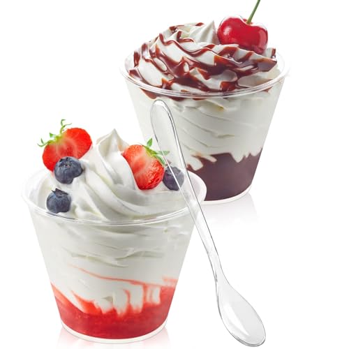 50 Pack 5 oz Plastic Dessert Cups with Spoons, Mini Mousse Cup Round Pudding Cups Party Serving Bowl for Cocktails Appetizers Fruit Parfait and Trifle