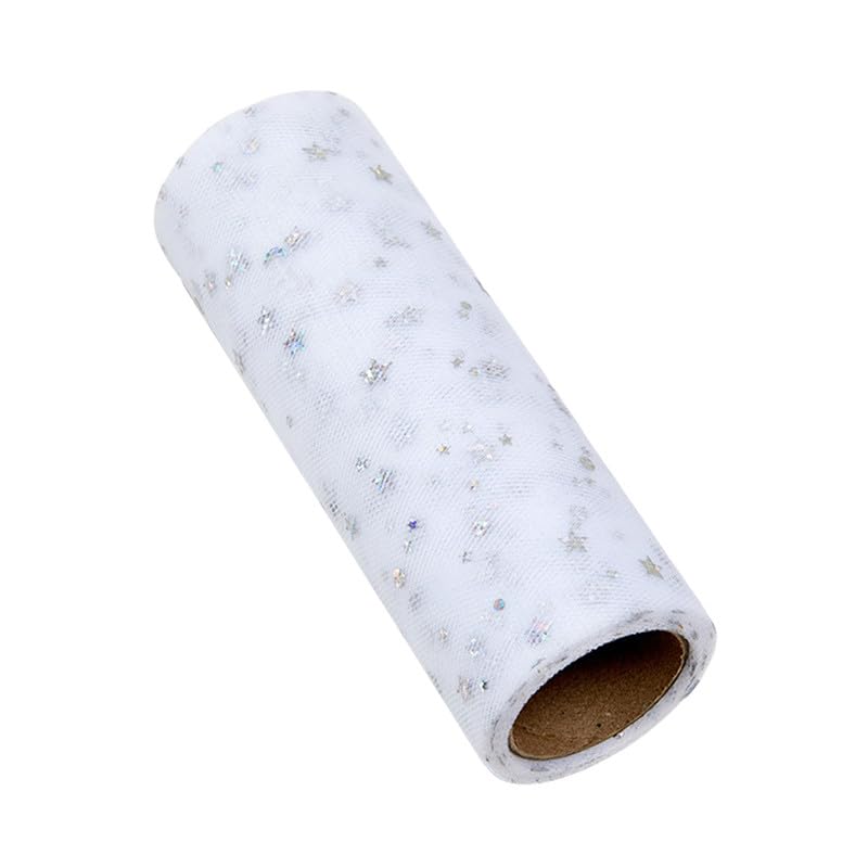 10Yards Glitter White Star Tulle Fabric Roll 15CM,Sparkle Star Sequin Tulle Roll Spool,Sequin Netting Fabric for Party Devoration,Gift Wrapping,Bows Making