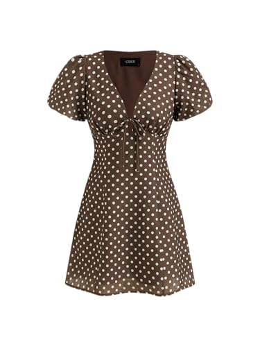 CIDER Women Mini Dress V Neck Puff Sleeve Polka Dot Knotted Short Dresses