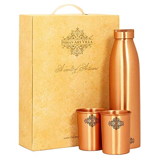 INDIAN ART VILLA Pure Copper Drinkware Gift Set of Seamless Design 1 Bottle & 2 Glass With Gift Box,...
