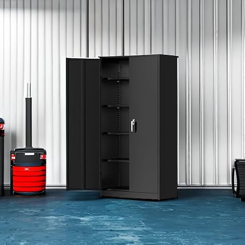 Greenvelly Metal Storage Cabinets 72” Black Garage Steel Storage Cabinet with Doors and Shelves, Metal Tool Cabinet, Steel File Cabinet for Home Office, Basement, Warehouse, Classroom(Anti Tipping)