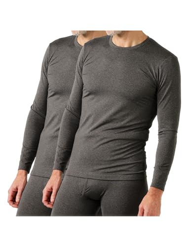 LAPASA Camiseta Termica Hombre Manga Larga Cuello Redondo Ropa Interior de Invierno Top Thermal Ligero/Cálido/Extra Cálido M09/M26/M55,XL,Gris Jaspeado Oscuro(Ligero: 2 Paquetes)