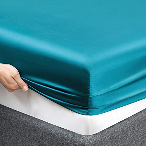 Vonty Satin Sheets Queen Size Silky Soft Satin Bed Sheets Teal Satin Sheet Set, 1 Deep Pocket Fitted Sheet + 1 Flat Sheet + 2 Pillowcases #TOP4