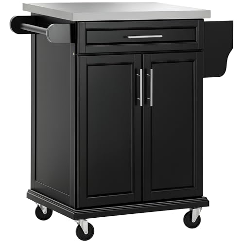 HOMCOM Kitchen Island on Wheels, Rolling Kitchen Cart with Stainless Steel Countertop, Drawer, Towel Rack and Spice Rack, Utility Storage Trolley, Black
