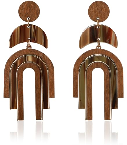 OZEL - Natural Wooden Acrylic Boho Drop Dangle Earrings for Women - Geometric Statement Jewellery - Brown, Black, Magent Red, Olive Green, White beige (3M3317_brown)