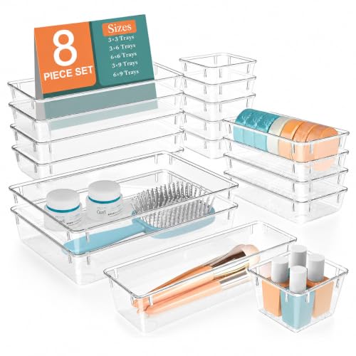 Image of mechdel Drawer Organizer Set /Bathroom and Dressing Table Trays /Cosmetic Display /Bathroom Cosmetic Organizers /Unbreakable Drawer Organizer /Drawer Divider Tray (Transparent, 8PCS SET)