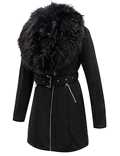 Geschallino Lange Jacke aus Wildlederimitat für Damen, Moto Biker Parka Mantel mit abnehmbarem Pelzkragen FF206 Schwarz XXL