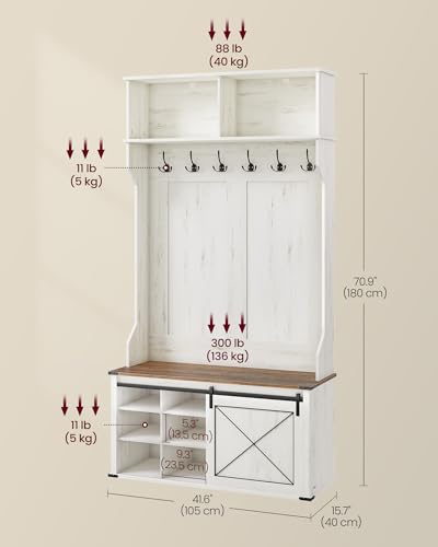 VASAGLE Hall Tree with Bench and Shoe Storage, Coat Rack with Shoe Bench, Entryway Furniture, 6 Tri-Hooks, Sliding Door, Farmhouse Style, Space Saving, Rustic White and Honey Brown UHSR442W01V1