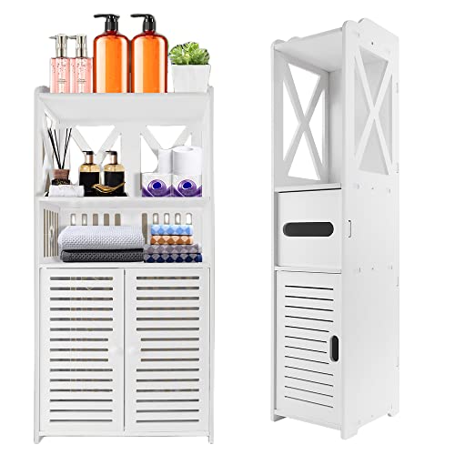 Qimu Armadietto alto bianco, piccolo armadio da bagno con doppia porta, impermeabile, per il bagno, multiuso, 90 x 40 x 25 cm