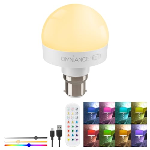 Auraglow Rechargeable Wireless LED Light Bulb with Remote – Battery-Powered, Dimmable, Colour-Changing, Bayonet B22 Adaptor